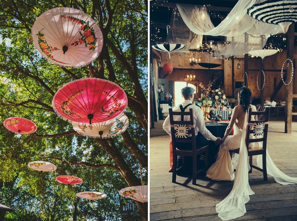 unique boho wedding decor ideas-hanging parasoles