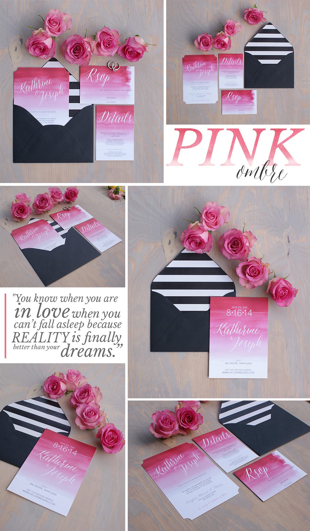 pink ombre watercolor wedding invitations