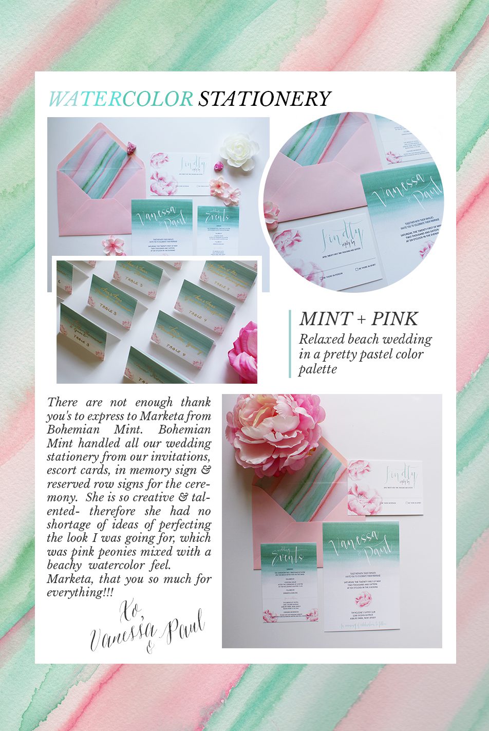mint and pink watercolor wedding invitation- handpainted watercolor invitations by bohemian mint