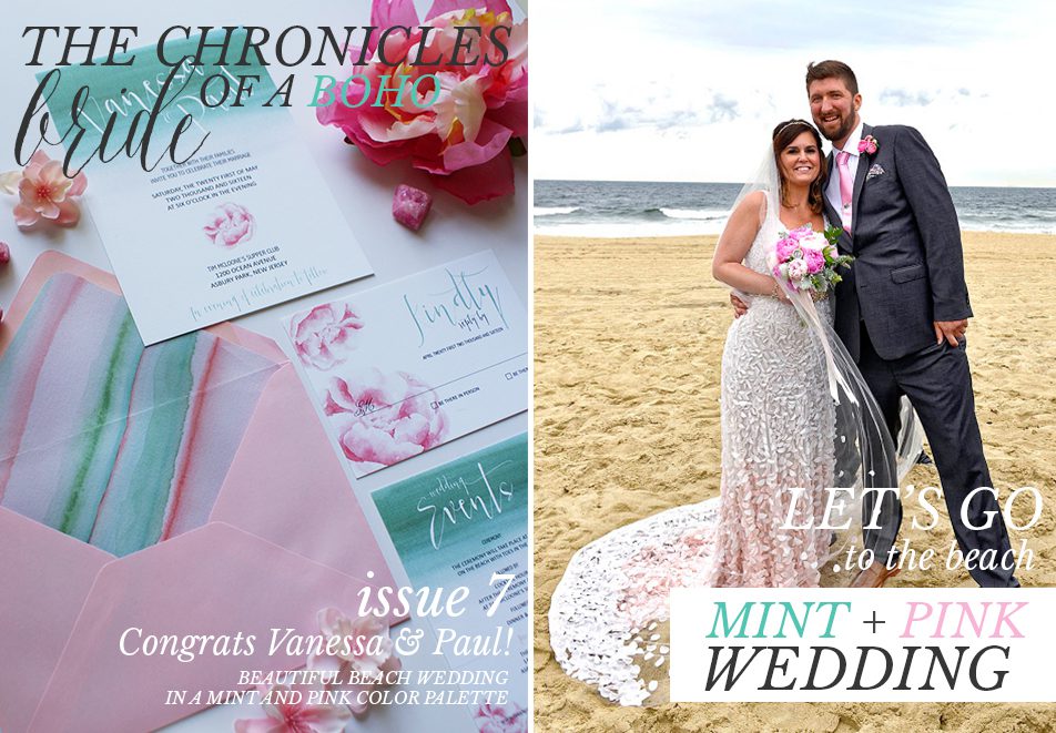 mint and pink beach wedding invitations