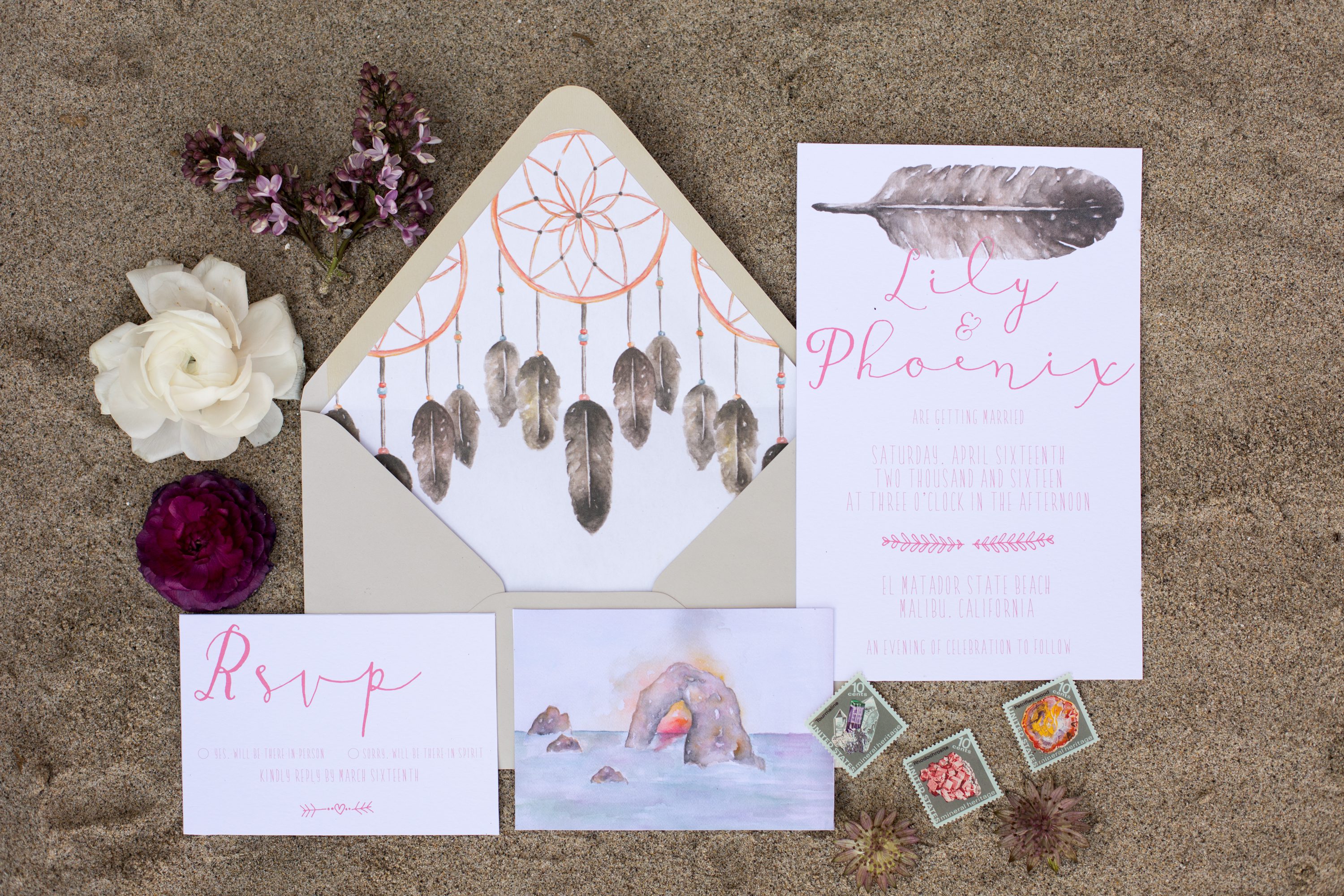bohemian-feather-watercolor-wedding-invitation