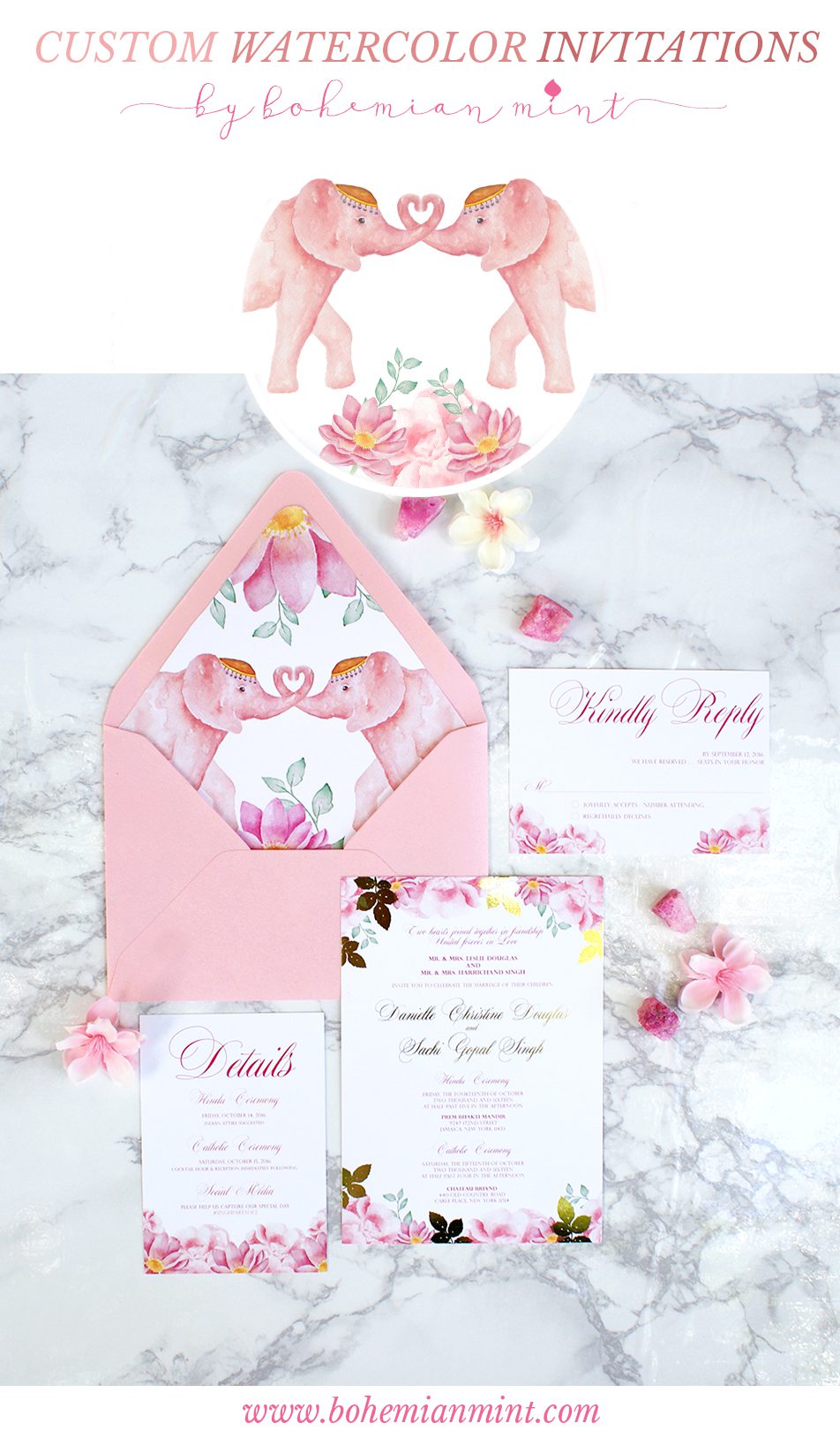 custom watercolor wedding invitations and wedding maps by bohemian mint