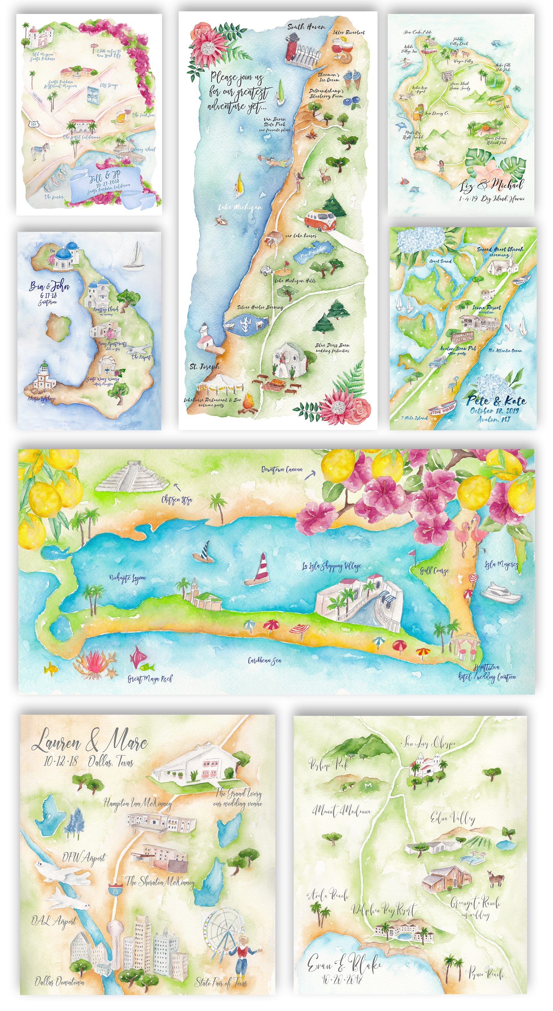 Watercolor wedding maps