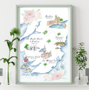 custom watercolor wedding maps by bohemian mint