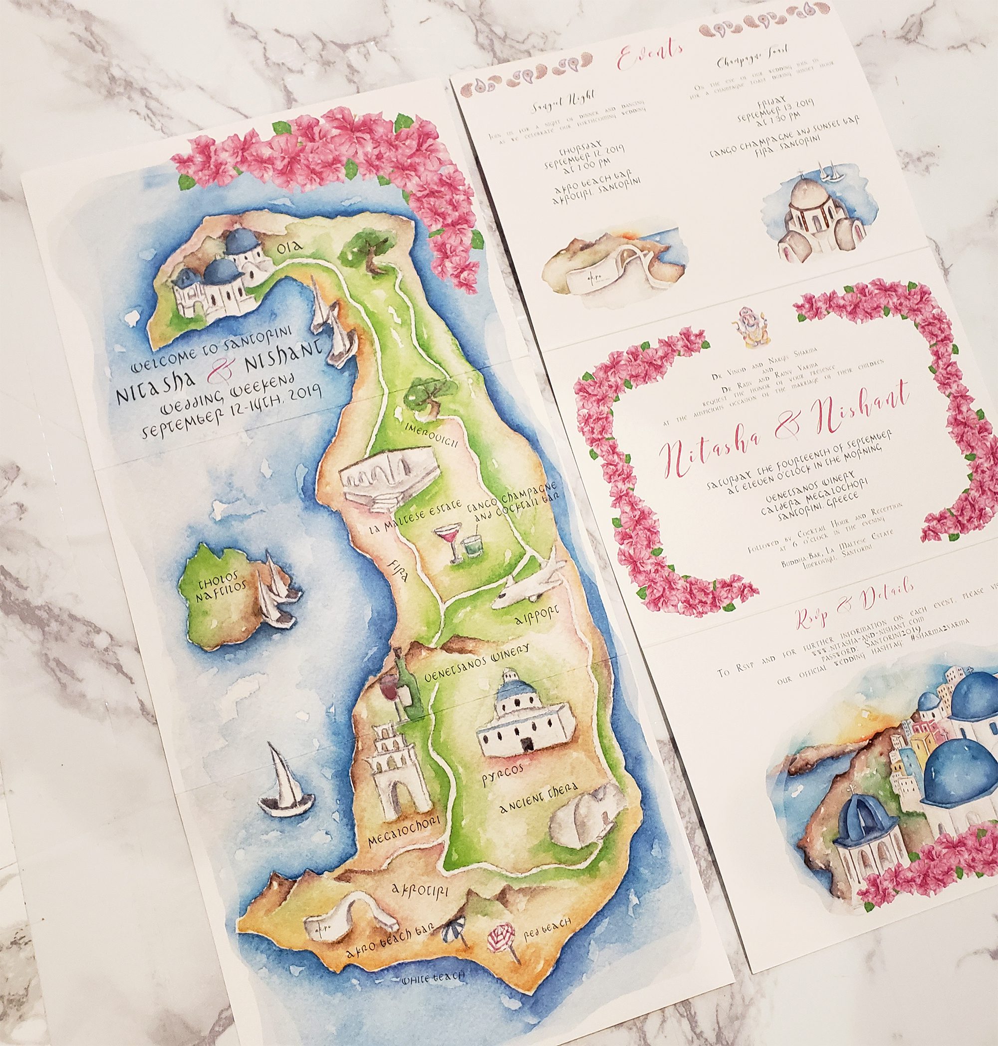 santorini wedding map invitation